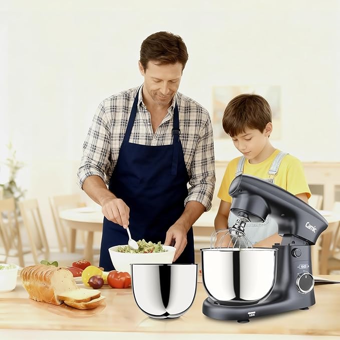 Camic Stand Mixer, 4.2QT+5.3QT Two bowls Electric Food Mixer, 10 Speeds with Digital setting 3-IN-1 Kitchen Mixer for Baking Cakes Cookie Bread Salad with Egg Whisk,Dough Hook,Flat Beater (Grey)