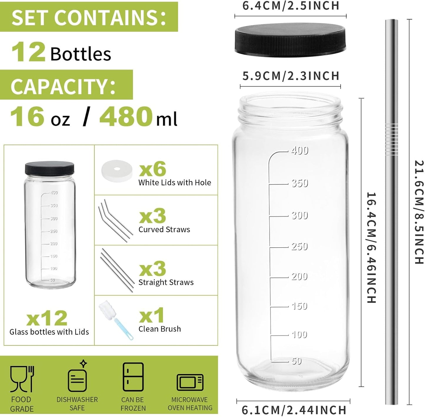 Ruckae 16oz 12 Pack Juice Bottles, Glass Bottles Juicing with Lids, Smoothie Cup Lids and Straws, Water Bottle Mason Jar Drinking Glasses for Juicing, Smoothies, Kombucha