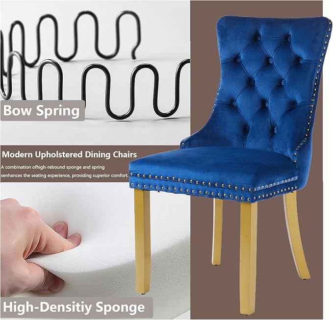 Velvet Dining Chairs Set of 2, Modern Tufted Dining Room Chair, Upholstered Dining Chairs with Lion Head Pulls Ring and Golden Solid Wood Legs, Luxury Kitchen Chairs for Dining Room, Blue