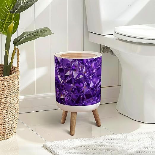 Trash Can with Lid Ultra Violet Crystal Diamond Amethyst Abstract Magic Shiny Dark Purple Press Top Round Small Garbage Bin with Wooden Legs Waste Basket for Kitchen Bedroom Nursery 7L/1.8 Gallon