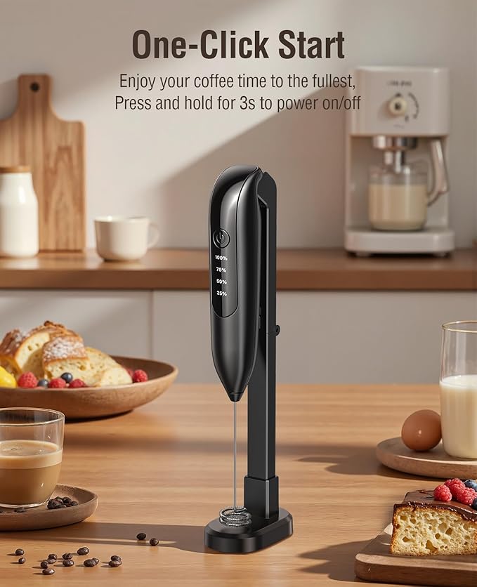 Electric Milk Frother Handheld: Rechargeable 3 in 1 - LED Digital Display with 3 Speeds Portable Stainless Steel Drink Foam Mixer for Milk Coffee, Lattes, Cappuccino, Matcha - Starlight Black
