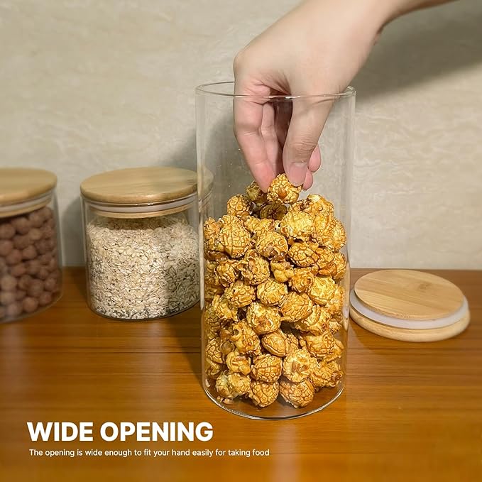 6-Pack Glass Food Storage Jars Set (3 Square + 3 Round), 37oz Airtight Clear Canisters with Bamboo Lids, Stackable Pantry Containers for Flour, Sugar, Rice, Pasta, Nuts, Candy & Spice Organization