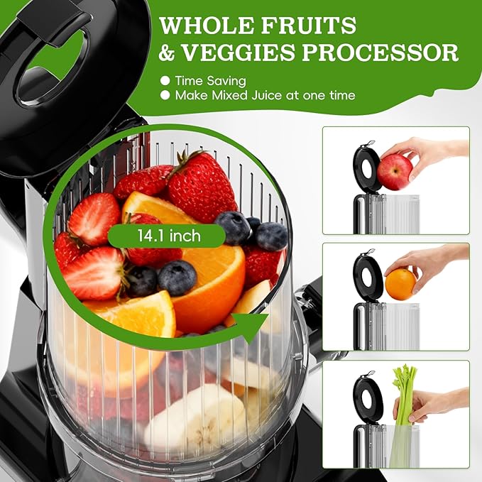 Cold Press Juicer, Wide Feed Chute Juicer Machines, Stainless Steel Slow Masticating Juicers Easy to Clean, Vegetables & Fruits Juice Extractor, High Juice Yield, Brass Color Knob