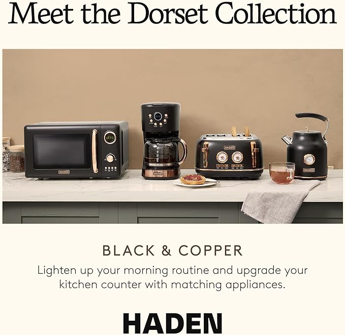 Haden Dorset 4 Slice Wide Slot Stainless Steel Toaster with Adjustable Browning Control & Non-Slip Feet, Black & Copper