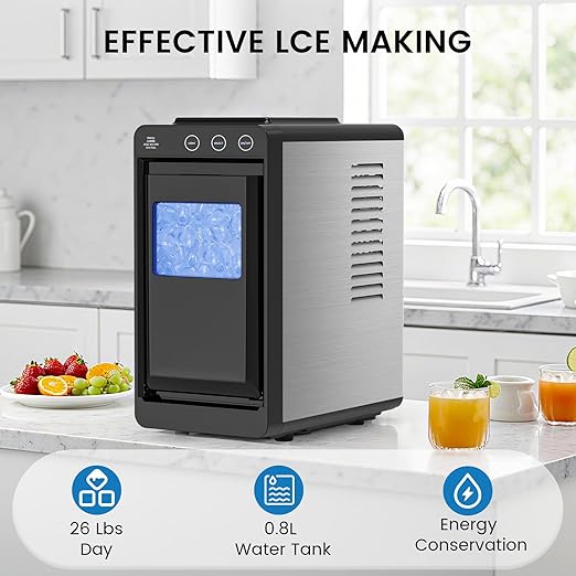 COWSAR Ice Maker Countertop, Portable Ice Machine with Self-Cleaning, 26Lbs/24Hrs, 8 Bullet Ice in 6 Mins with 2 Sizes, Scoop & Basket, Quiet Compact Ice Makers Countertop for Home/Kitchen/Camping