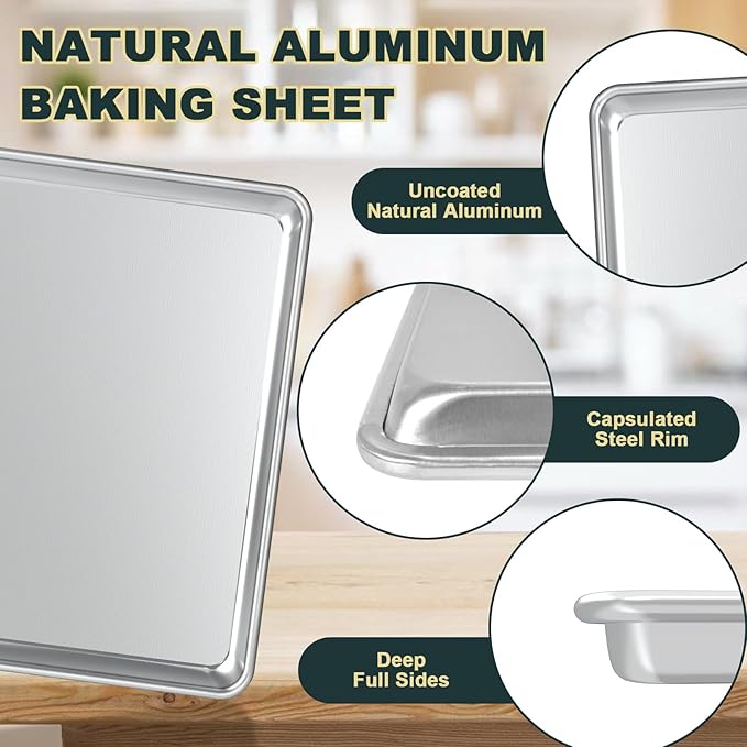 Wildone Baking Sheet with Rack Set (2 Pans + 2 Racks), Natural Aluminum Commercial Quality Cookie Sheet with Cooling Rack, Nonstick Baking Pan, Warp Resistant & Heavy Duty, Half Sheet Size