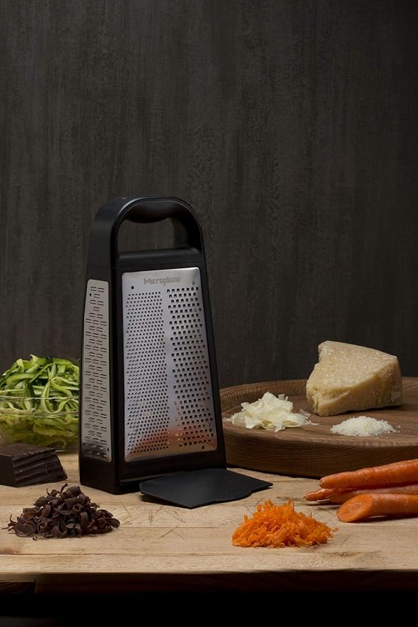 Microplane Elite Five Blade Box Grater with Measuring Cup Base, Five Grating Surfaces Including Fine, Coarse, Double-Sided Ribbon, Ultra-Coarse, and Slicer - Black
