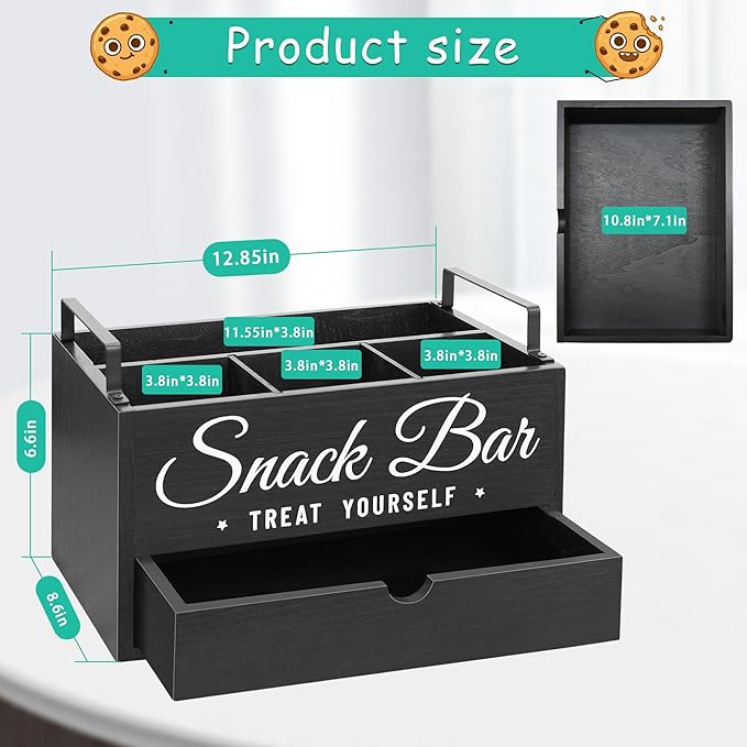 Snack Organizer for Countertop, Wood Pantry Storage Bins with Handles, Snack Bar Organizer for Kitchen, Office, 4 Compartment Food Container Snack Box with Drawer, Pantry Organizer for Chips, Candy