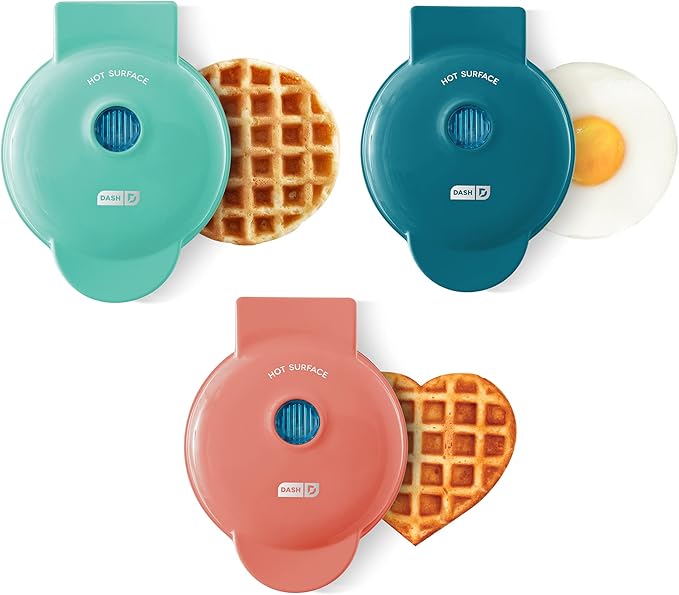 Dash Mini Maker Set - Customized Treat Maker - Supports Multi-Function Cooking - Easy Cleanup and User-Friendly Design - Coral, Mint & Teal - Waffle, Griddle & Heart Shaped Waffle Irons