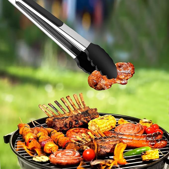 Black Stainless Steel Tongs Heat Resistant Kitchen Tongs Set - 9" & 12" Inch, BBQ Tongs with Silicone Tip, Strong Grip for Cooking, Salad Tossing, Air Fryer, & Grill Tongs- Pull Lock, Black - Set of 2