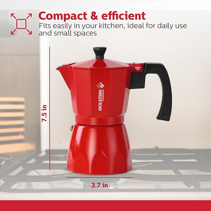 Holstein Housewares - 6 Cup Aluminum Stovetop Espresso Maker and Moka Pot - Great Tasting Traditional Espresso Coffee, Italian and Cuban Café Brewing in Minutes, Red