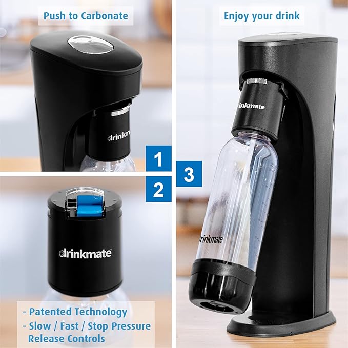 DrinkMate OmniFizz Sparkling Water and Soda Maker, Carbonates Any Drink, with 3 oz CO2 Test Cylinder (Royal Red)