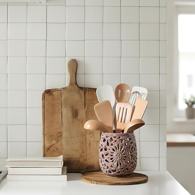 Farmhouse Kitchen Utensil Holder for Kitchen Counter, Ceramic Large Cooking Utensil Crock with Cork Mat, Countertop Cooking Tool Spatula Organizer, Purple Antique Design