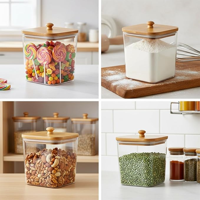 Cookie Jars with Wooden Lids Airtight, 2L Plastic Cookie Tin, Wide Mouth Candy Jar, Kitchen Counter Food Storage Container, Cute Jar for Gift Giving, BPA-Free, Clear