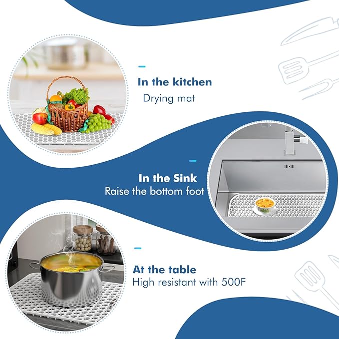 Bestjing 2 Pack Silicone Sink Protectors for Kitchen Sink with Center Drain, 13.58''x 11.6'' Non-Slip Heat Resistant Mat Grid for Bottom of Stainless Steel Porcelain, Dishwasher Safe (White)
