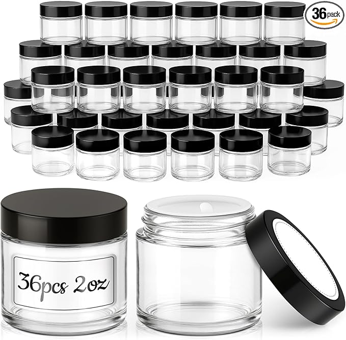 2 oz Glass Jars with Lids, 36 Pack Clear Small Glass Jars with Black Lids Leakproof Round Airtight Empty Cosmetic Travel Containers with Inner Liners For Lotions Powders and Candle Making