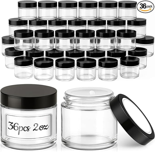 2 oz Glass Jars with Lids, 36 Pack Clear Small Glass Jars with Black Lids Leakproof Round Airtight Empty Cosmetic Travel Containers with Inner Liners For Lotions Powders and Candle Making