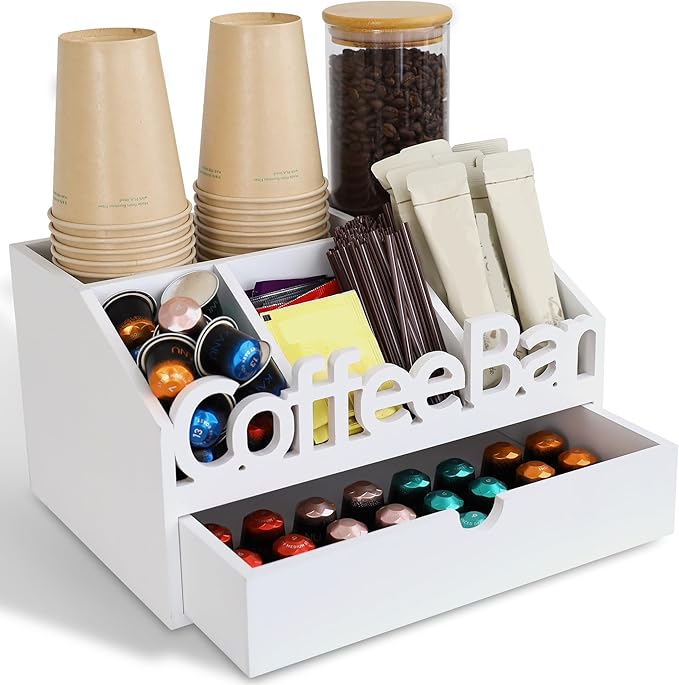 Coffee Bar Organizer for Countertop – Wooden Coffee Station with Drawer, Tea and K Cup Storage Condiment Rack, Coffee Pod Holder for Home and Office Organization (Drawer - White)