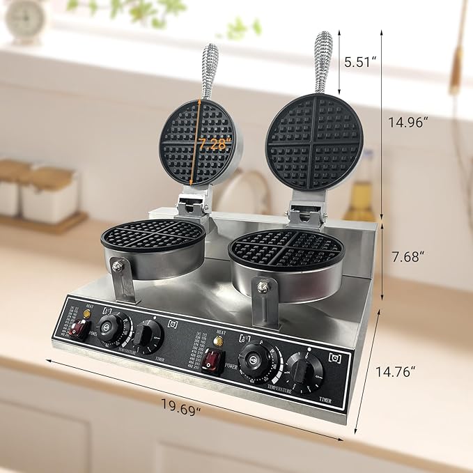 Double Head Commercial Waffle Maker, 2400W Stainless Steel Nonstick Waffle Iron with 122℉ to 572℉ Temp Range & Time Control, Perfect for Home Cafe Restaurant Snack Bar Bakeries