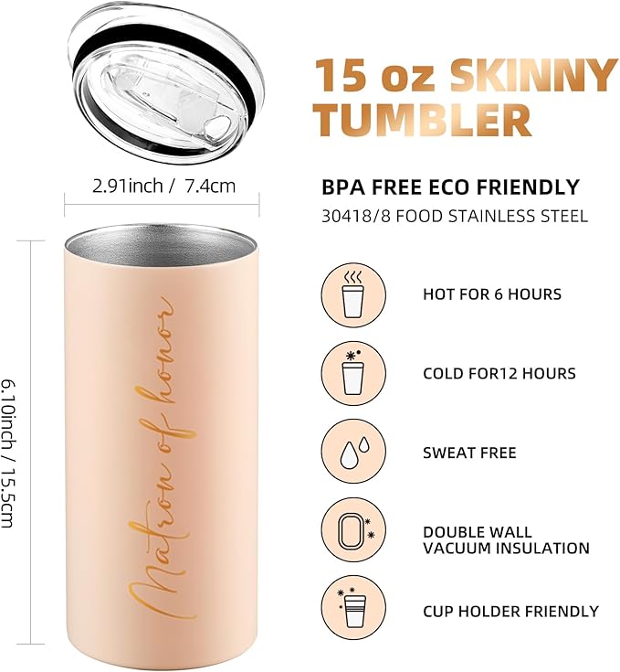 Bridesmaid Gifts Matron of Honor Cups Bridesmaid Proposal Gifts Wedding Bachelorette Party Favors Stainless Steel Insulated Skinny Tumbler with Lid and Straw 15 OZ Pink