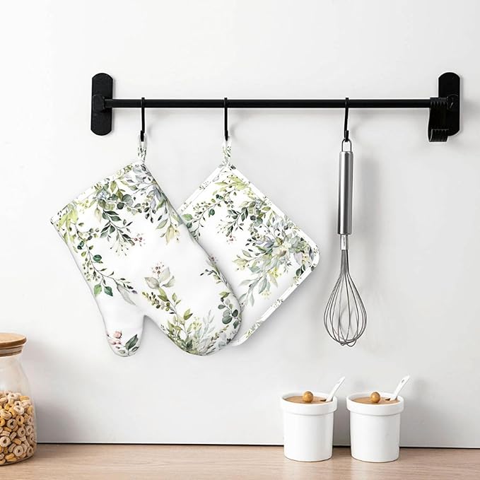 Sage Green Eucalyptus Oven Mitts and Pot Holders Set, 4pcs Silicone Watercolor Butterfly Leaves Oven Glove for Kitchen Heat Resistant Oven Mitts and Potholders Non-Slip for Cooking