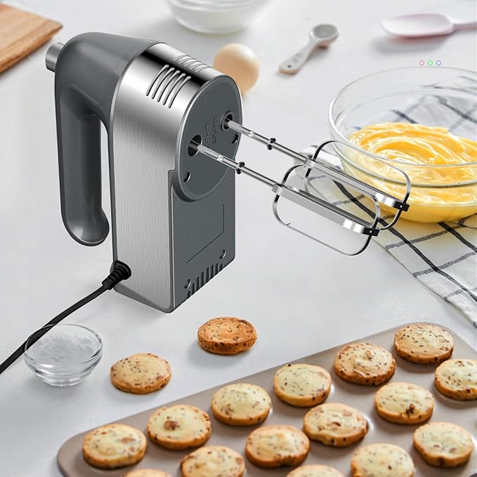 Hand Mixer Electric, 450W Kitchen Mixers with Scale Cup Storage Case, Turbo Boost/Self-Control Speed + 5 Speed + Eject Button + 5 Stainless Steel Accessories, For Easy Whipping Dough, Cream, Gray