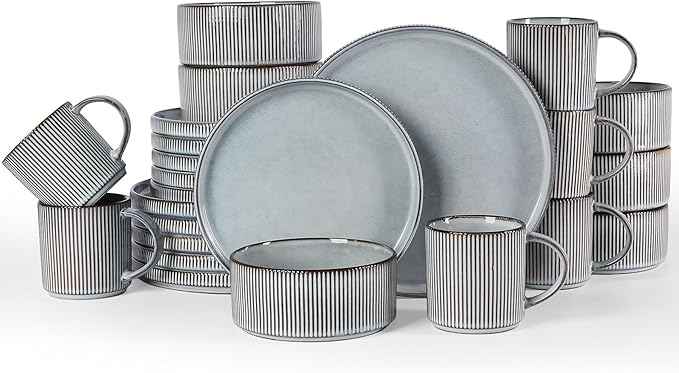 Famiware Star Dinnerware Set with Mugs, Service for 6 (24 Pieces), Ribbed Stoneware Plates and Bowls Dishes Sets - Chip & Scratch Resistant, Microwave & Dishwasher Safe, Smoky Blue