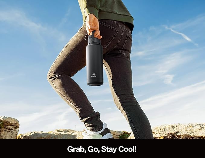 POWCAN 40 oz Insulated Water Bottle with 2-in-1 Straw and Spout Lid, Keep Cold 24H, Leak-Proof, BPA-Free, Double Wall Stainless Steel Water Bottle for Sports, Gym, Travel, and School (Obsidian)