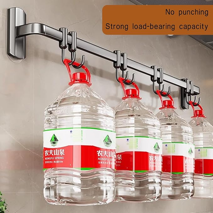 Kitchen Hooks Rail with 8 Adjustable Hooks, Aluminum, 100% Aluminum, Modern, Minimalist, Wall Mount, Kitchen Utensil Rack, Grey, 45cm