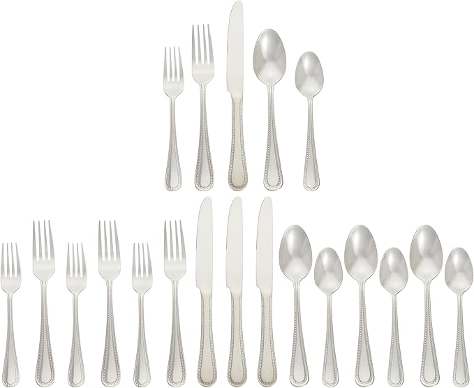 Amazon Basics Silverware Set, Stainless Steel Flatware, Dishwasher Safe, Easy to Clean, Service for 4, 20-Piece Forks and Spoons, Pearled Edge