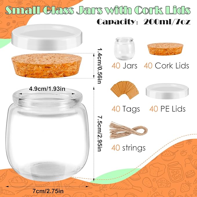 40 Pack Small Glass Jars, 7oz Mini Yogurt Jars with Cork Lids and PE Lids, Small Bottles with Label Tag and Twine, Glass Pudding Jar for Wedding Favors, Baby Shower, Milk, Jam, Honey