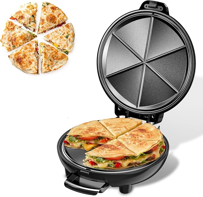 Electric Quesadilla Maker, 9.5'' Quesadilla Press with Easy Slice 6 Wedge, Non Stick Surface, Locking Latch For Extra Stuffing, Grilled Cheese Corn Flour Tortilla Snacks