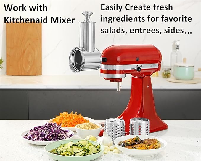 FavorKit Slicer Shredder Attachment for KitchenAid Mixers, Stainless Steel Cheese Grater Salad Maker Accessories with 3 Cutting Blades,Dishwasher Safe!
