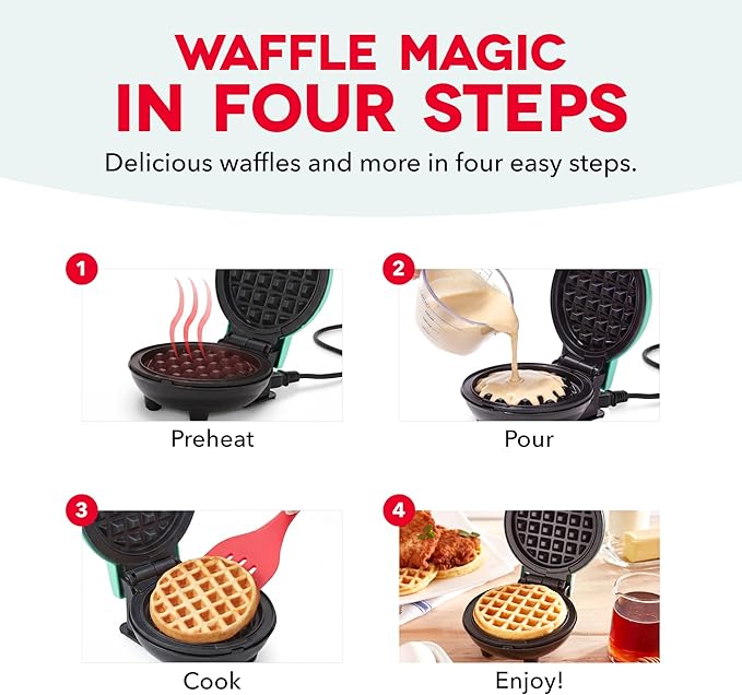 Dash Mini Waffle Maker- Compact Electric Iron for Creative Homemade Treats - PTFE nonstick surface - Easy-to-Clean - Perfect for Kids & Families - White