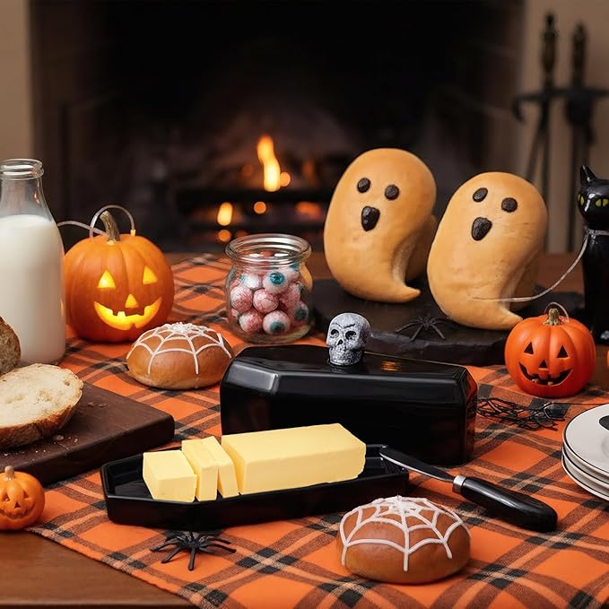 Reallnaive 2 Pcs Coffin Butter Dish with Lid Set with Butter Knife Black Gothic Skull Shape Ceramic Halloween Gothic Horror Kitchen Utensils Gift for Halloween Table Decoration Party Supplies (Stereo)