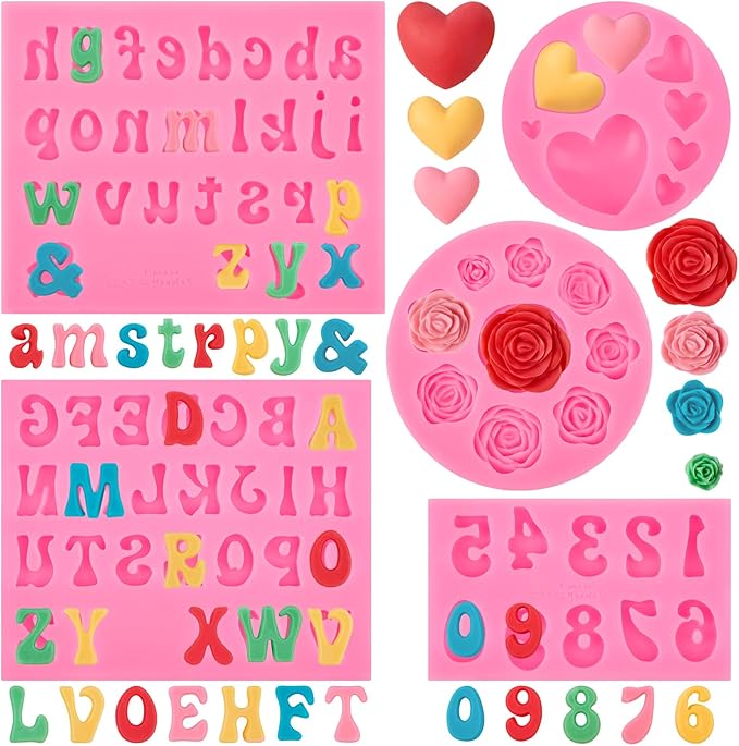 Silicone Letter Molds for Chocolate, 5 Pcs Alphabet Number Rose Heart Shape Candy Molds, Fondant Molds for Candy Cupcake Desserts Cake Decorations