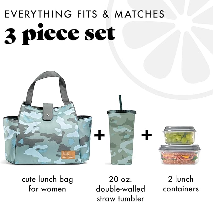 Fit & Fresh Lunch Bag For Women, Insulated Womens Lunch Bag For Work, Leakproof & Stain-Resistant Large Lunch Box For Women With Containers and Matching Tumbler, Snap Closure Westport Bag Sage Camo