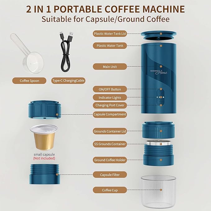 Magnavox HOME Portable Espresso Coffee Maker (Grounds or Pods) with Fast Brew Technology & Single Touch Control, Ideal for Offices or Travel