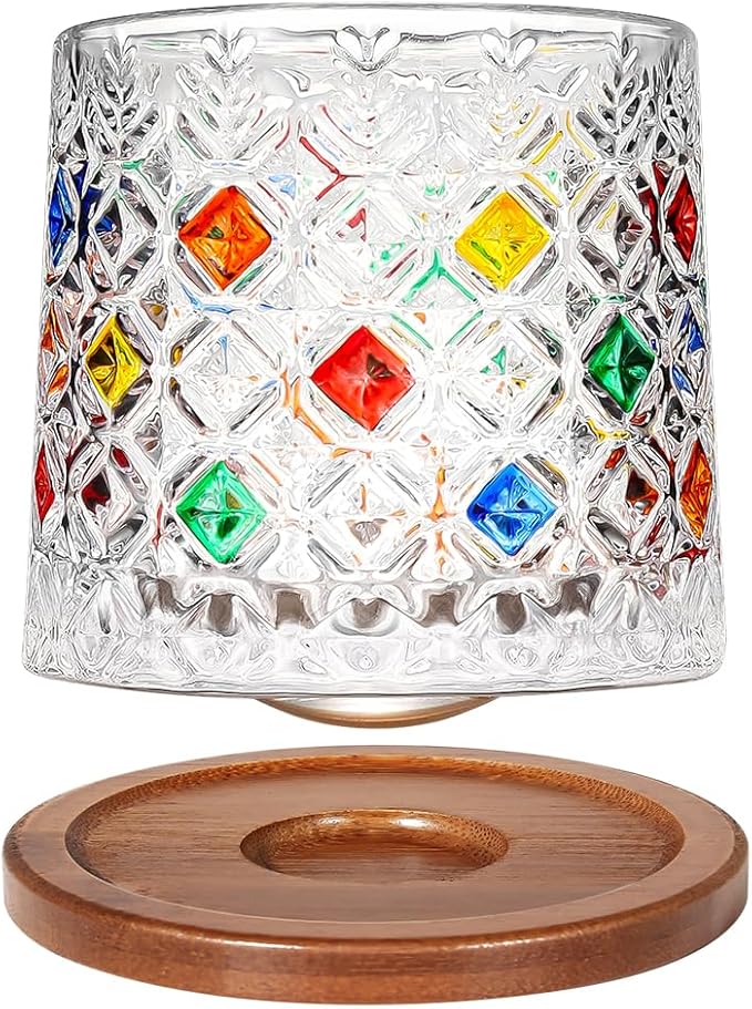 Rotatable Old Fashioned Glass Cup, 10oz/275ml Crystal Whiskey Glass, Wood Coaster, Thickening, Used as Rum Glass, Cocktail Cup, Coffee, Milk to Relax and Reduce Stress, Ideal Gift, Christmas gifts