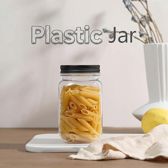 novelinks 16 oz Clear Plastic Jars with Lids, Refillable 16oz Mason Jars with Lids & Storage Containers for Kitchen & Household Use (5 Pack,Black)