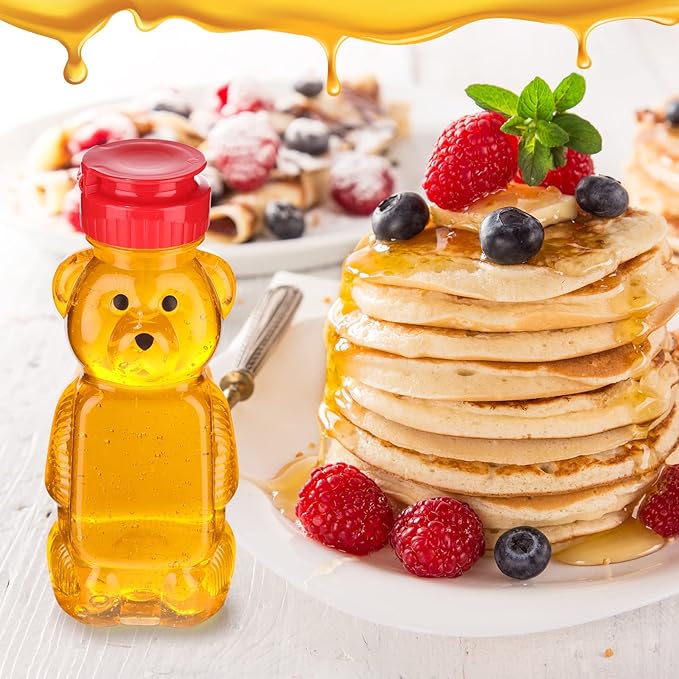Thenshop 36 Pcs 8 oz Honey Jar Plastic Empty Bear Bottle Dispenser Clear Transparent Honey Containers Bear Cup Squeeze Bottle with Flip Top Lid for Storing Dispensing(Red Lid)