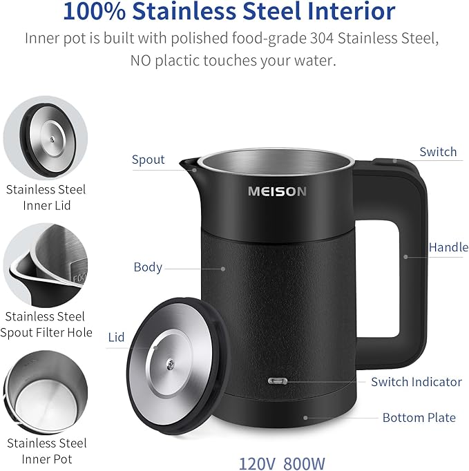 0.6L Small Electric Kettles Stainless Steel, Travel Mini Hot Water Boiler Heater, Double Wall Cool Touch Portable Teapot, Auto Shut-Off & Boil-Dry Protection, 120V/800W, 2 Year Warranty (Black)