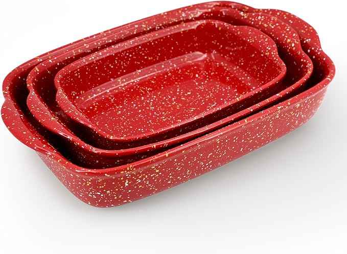 3-Pack Ceramic Lasagna Pan,Heavy-Duty Rectangular Baking Dishes, High Heat Resistant Oven-Safe Stoneware Casserole with Handles,Home Baking,Speckle Series(13.8''/12''/9.6'' Red)
