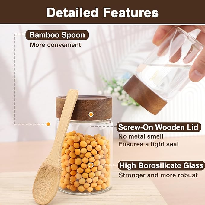 Coffee Jar with Wood Lid, 2 Pack 7oz 220ml Glass Canister with Wooden Airtight Lids, Empty Food Storage Containers, Screw Top Glass Mason Jars for Spice, Sugar, Tea, Oatmeal, Salad, Beans, Nuts