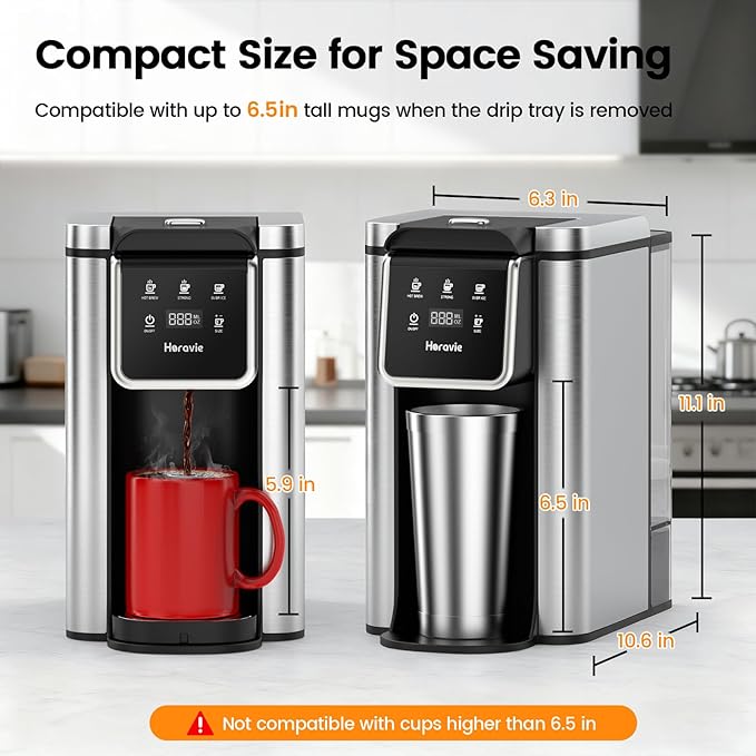 Horavie Single Serve Coffee Maker for K-Cups & Grounds, Hot & Iced Coffee Maker, Strong Button Feature, 6 to 14oz Brew Sizes, 50oz Removable Reservoir, Fit 6.5" Mugs, Stainless Steel, Black