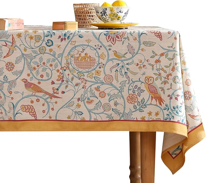 patdrea Designer Vintage Square Table Cloth,Yellow Linen Floral Birds Pattern Colorful Tablecloths,Decorative Table Cover for Kitchen Dining Banquet,Christmas,Thanksgiving,67"x67"-Magnolia