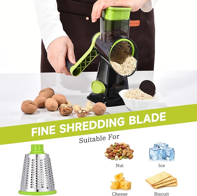 Rotary Cheese Grater with Handle Kitchen Shredder Slicer Grater Slicer Ice Shaver Cheese Vegetable Nuts Potato Zucchini Chocolate 3 Interchangeable Blades (Green TSP)