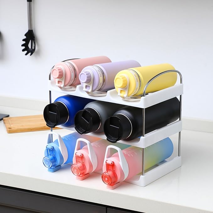 LANDNEOO Stackable Water Bottle Organizer Holder - for Stanley & Others' Large Tumbler Organization - White Plastic Wine Rack, Bottle Holder for Home Countertop Fridge Pantry Shelf, 3 Tier Hold 9