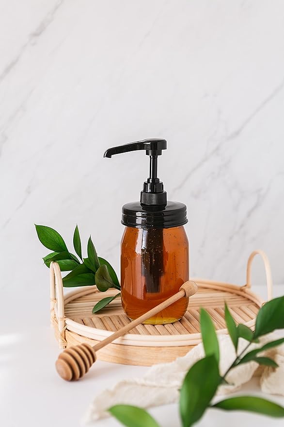 Jarmazing Products Mason Jar Syrup Dispenser - Set of 2 – 16 oz Smooth Jars with Rust-Proof, Leak-Proof, Food Grade Pumps for Honey, Syrups, Condiments, Salad Dressings and More