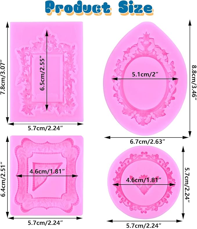 Mujiang Photo Frame Silicone Molds Vintage Picture Frames Fondant Mold Mirror Frame Candy Molds For Cake Decorating Cupcake Topper Polymer Clay Chocolate Gum Paste Set Of 4